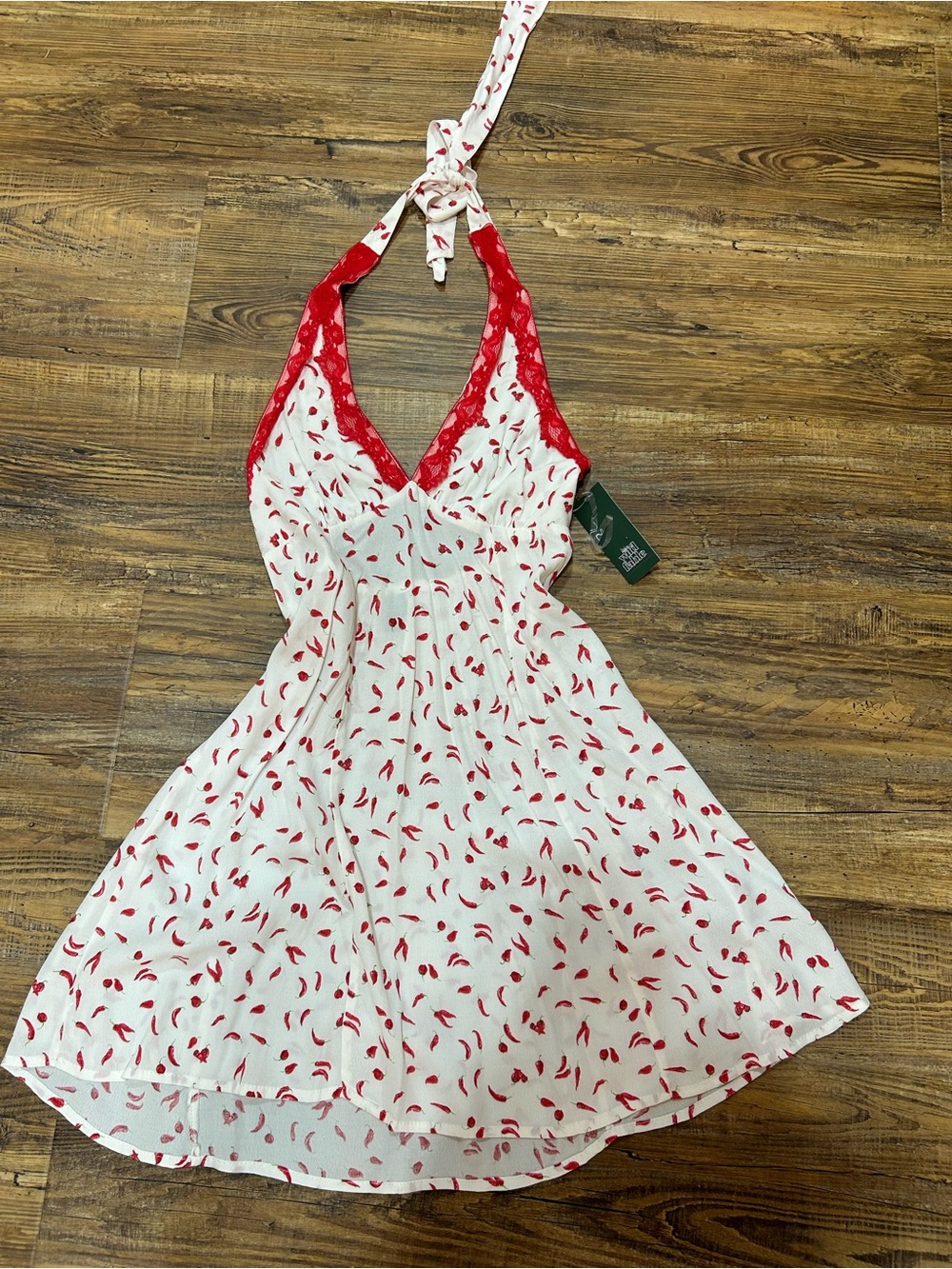NWT Wild Fable Red Pepper Print White Halter Dress With Lace Trim